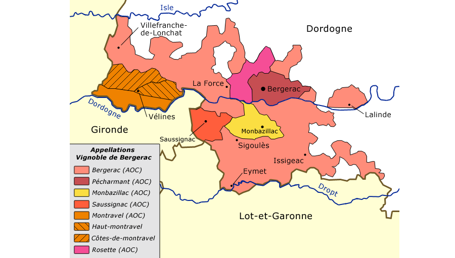 Karte von Bergerac mit Appellationen (wie z. B. Pécharmant)